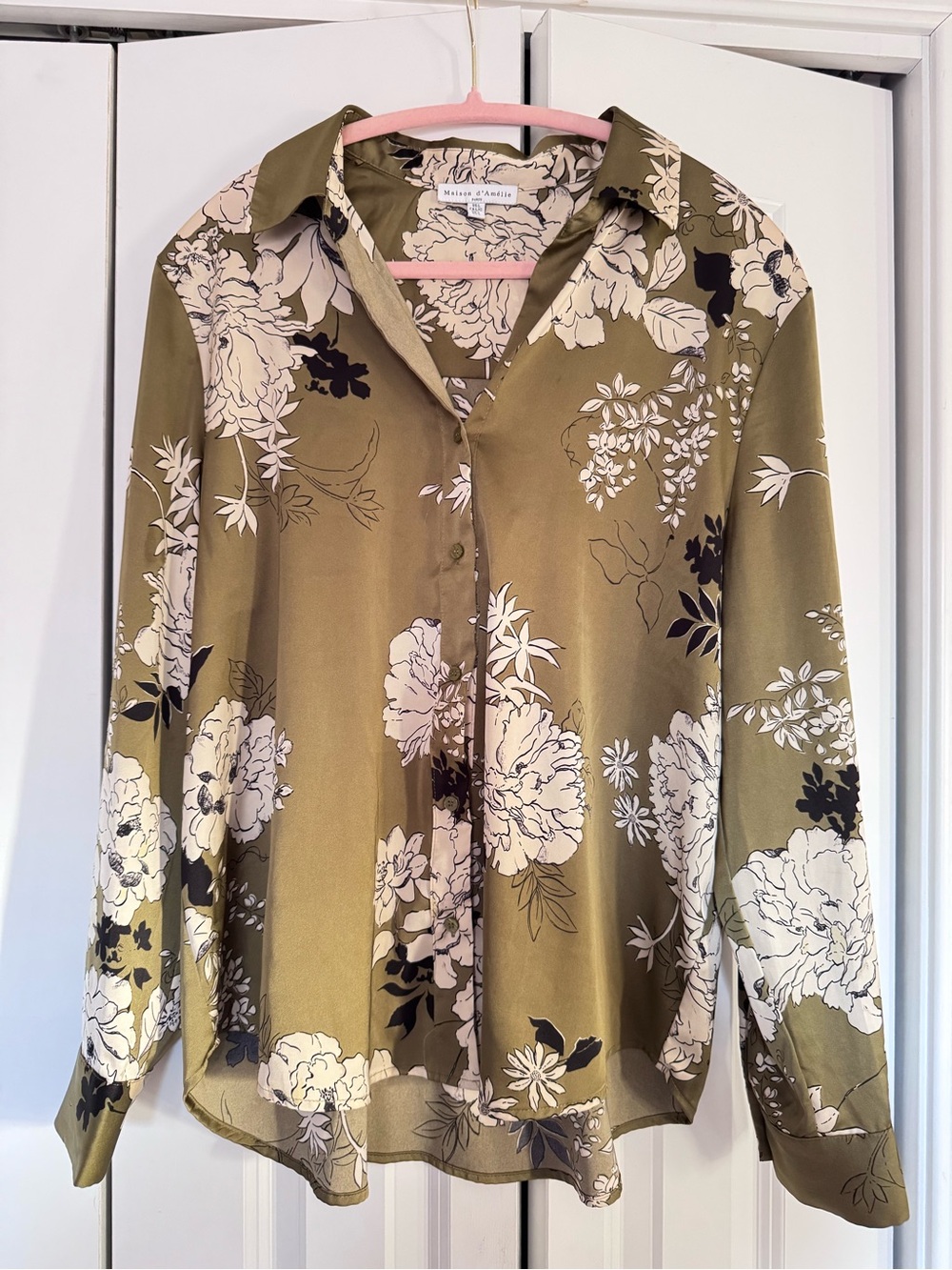 Maison D’Amelie satin Olive Floral Button-Down Shirt